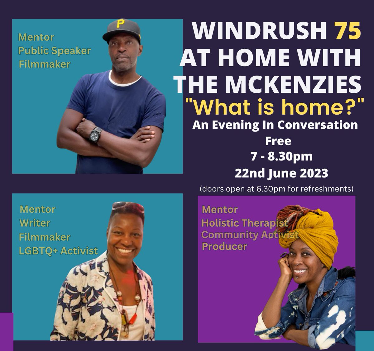 WINDRUSH 75: At Home with the
Mckenzies - An Evening in Conversation

Thursday 22 June, 7-8.30pm (doors open 6.30pm)
Free, all welcome

Book your free ticket on Eventbrite: 
eventbrite.co.uk/e/windrush-75-…

With kind support from The Windrush Day Grant Scheme.
#windrushday2023