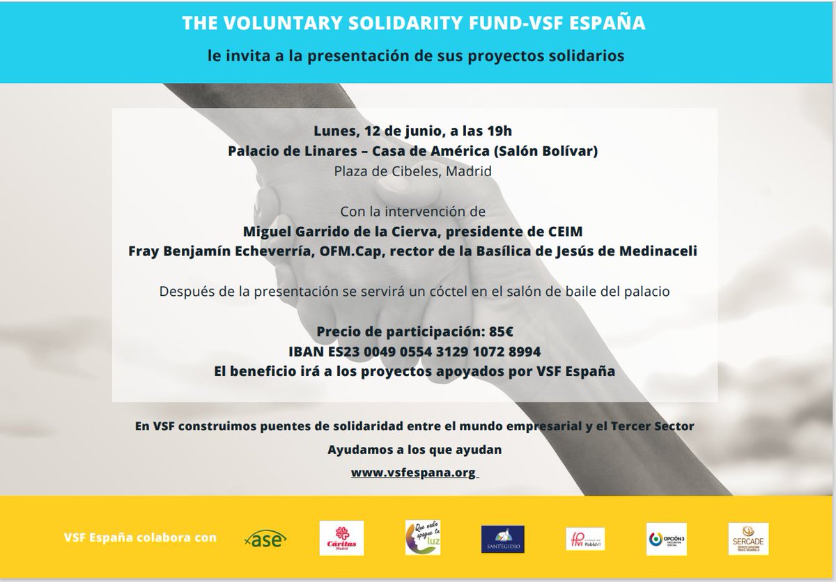 ➡️El día 12 de junio estaremos en <a href="/casamerica/">Casa de América</a> con <a href="/TheVSFInt/">VSF International</a> #España en el acto de presentación de sus proyectos solidarios. Con su ayuda se hace posible la financiación muchas iniciativas en favor de las personas más vulnerables.
¡Ayúdanos a ayudar!