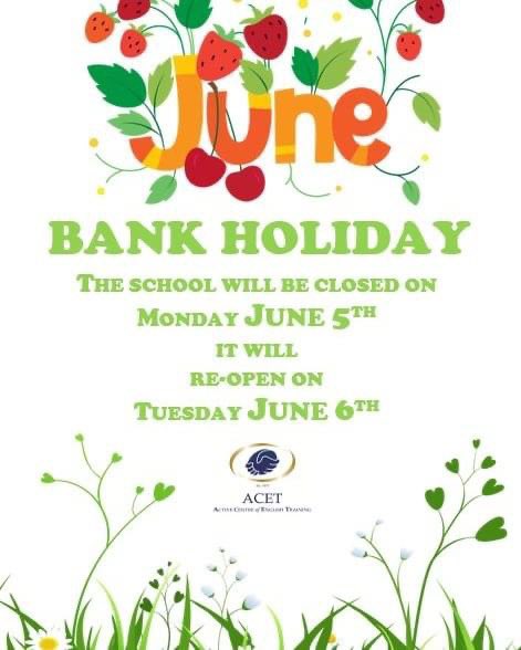 ACET will be closed for the bank holiday on Monday 5th June and will re-open on Tuesday. Enjoy the long weekend! ☀️#acet #iloveacet #englishschool #bankholiday #cork #englishinireland