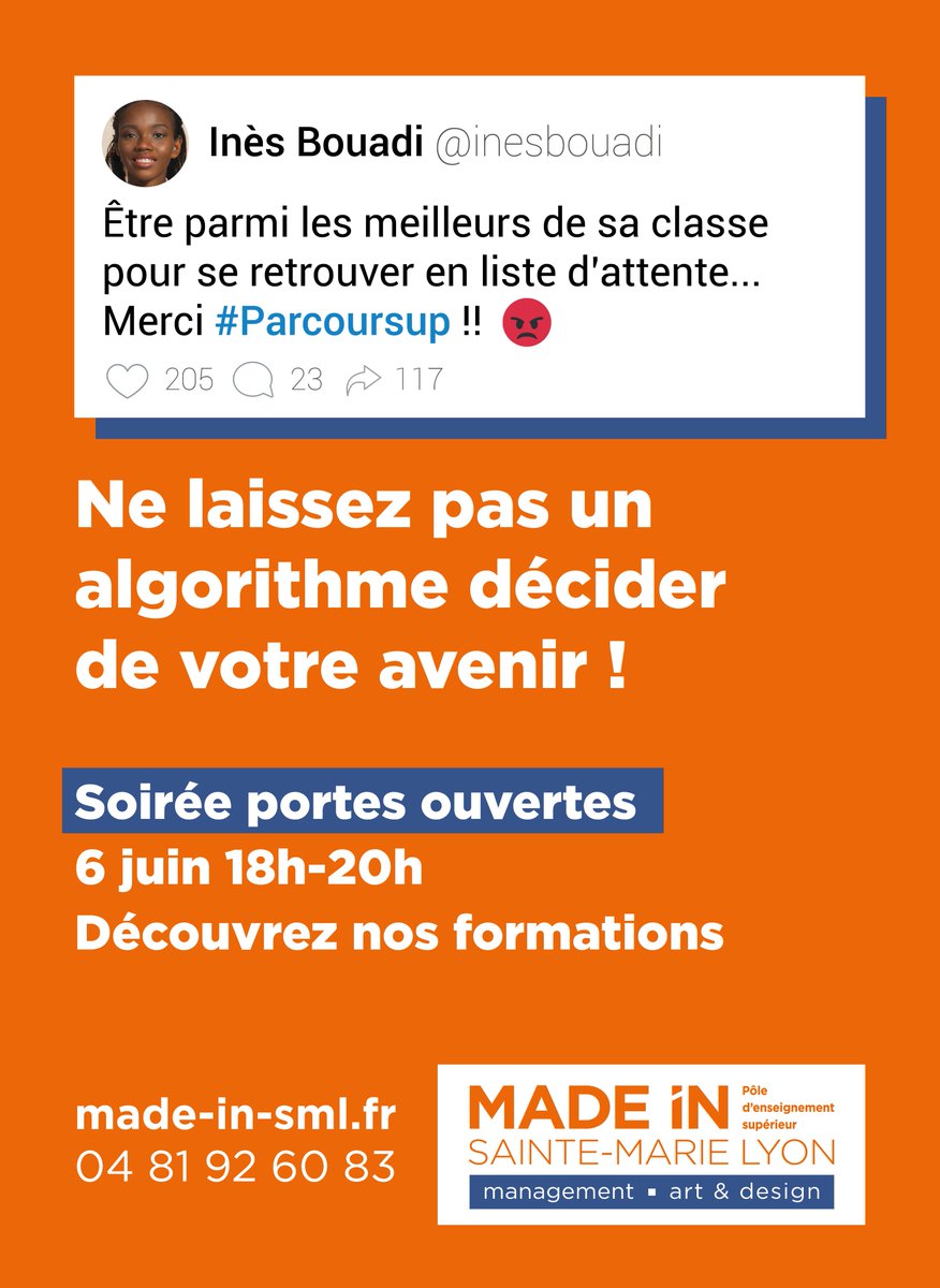 📢 Ne laissez pas un algorithme décider de votre avenir !

👩‍🎓Portes ouvertes 6 juin 18h-20h : management, architecture, design, création numérique

👉Inscription : made-in-sml.fr/soiree-portes-…… 

#Parcoursup #HorsParcoursup #AdmissionPostBac #Parcoursup2023 #Lycée #Bac #Bac2023