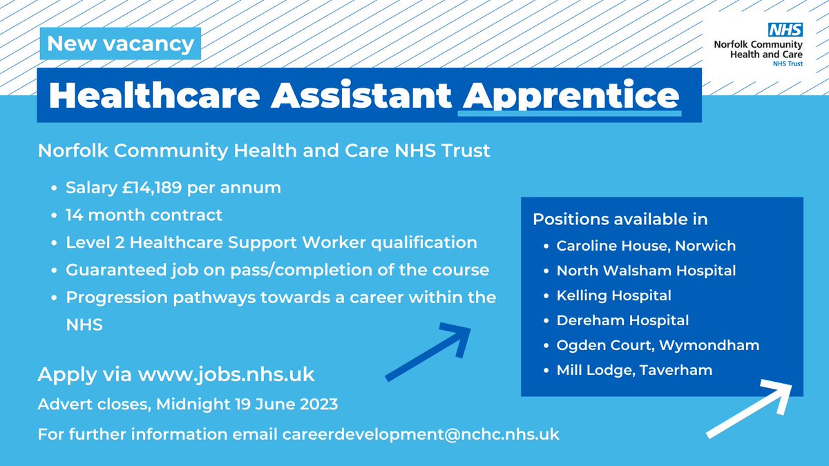 📢One week left to apply for a Healthcare Assistant Apprenticeship within @NCHC_NHS. 
Recruiting to roles across Norfolk.

Applications close 19th June.
Apply here bit.ly/3oIygFC

@ApprenticeCCN
#HealthcareAssistant #Apprenticeship #NHS #Norfolk