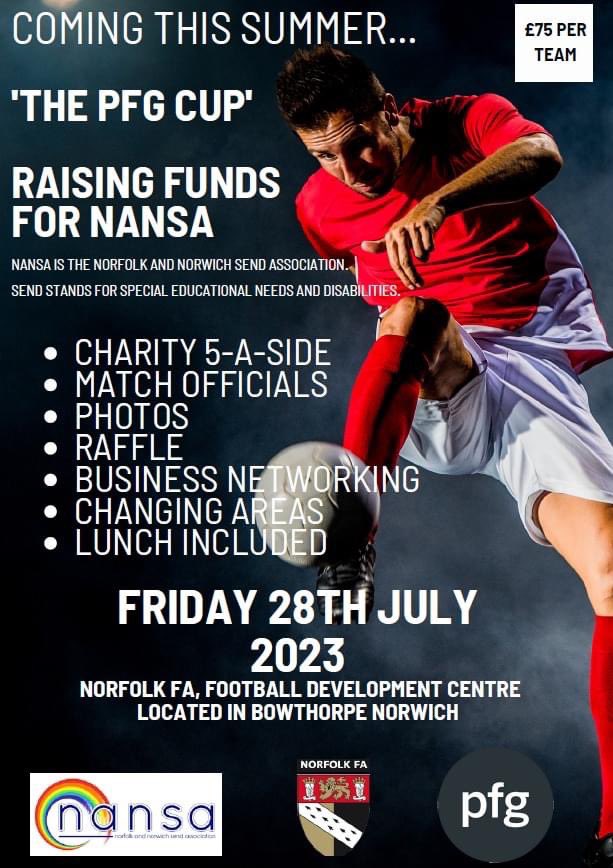 ⚽️ CHARITY 5-A-SIDE FOOTBALL TOURNAMENT ⚽️

We still have spaces left in our Charity Football Tournament that we are hosting on the 28th July.

We will be raising funds for a fantastic charity in Nansa Norfolk, we'd love you to join us for a day of Football and Fundraising!☀️