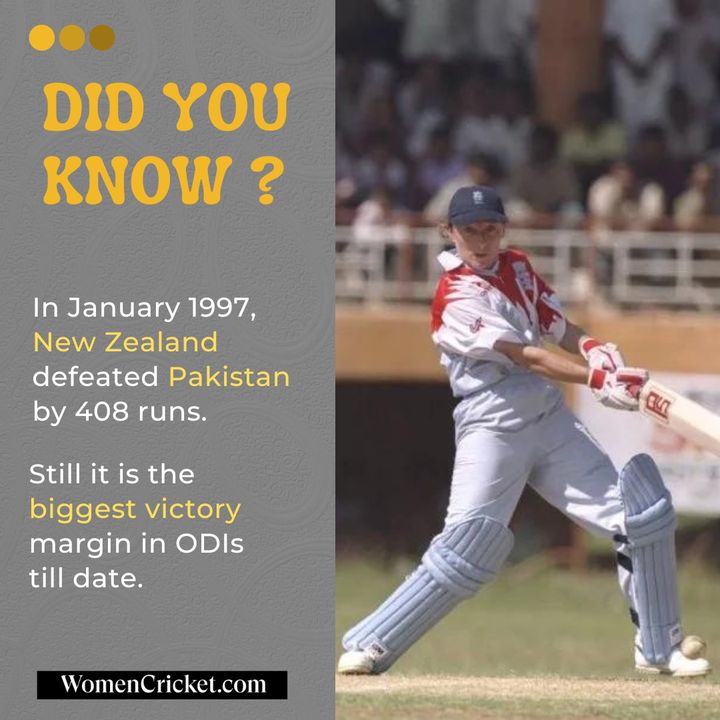 New Zealand still holds the record of biggest victory in terms of runs in women's ODIs.

#cricket #women #newzealand #pakistan #sports #DidYouKnow #FactsMatter #cricketmatch #womencricket #CricketTwitter #WomenCricket