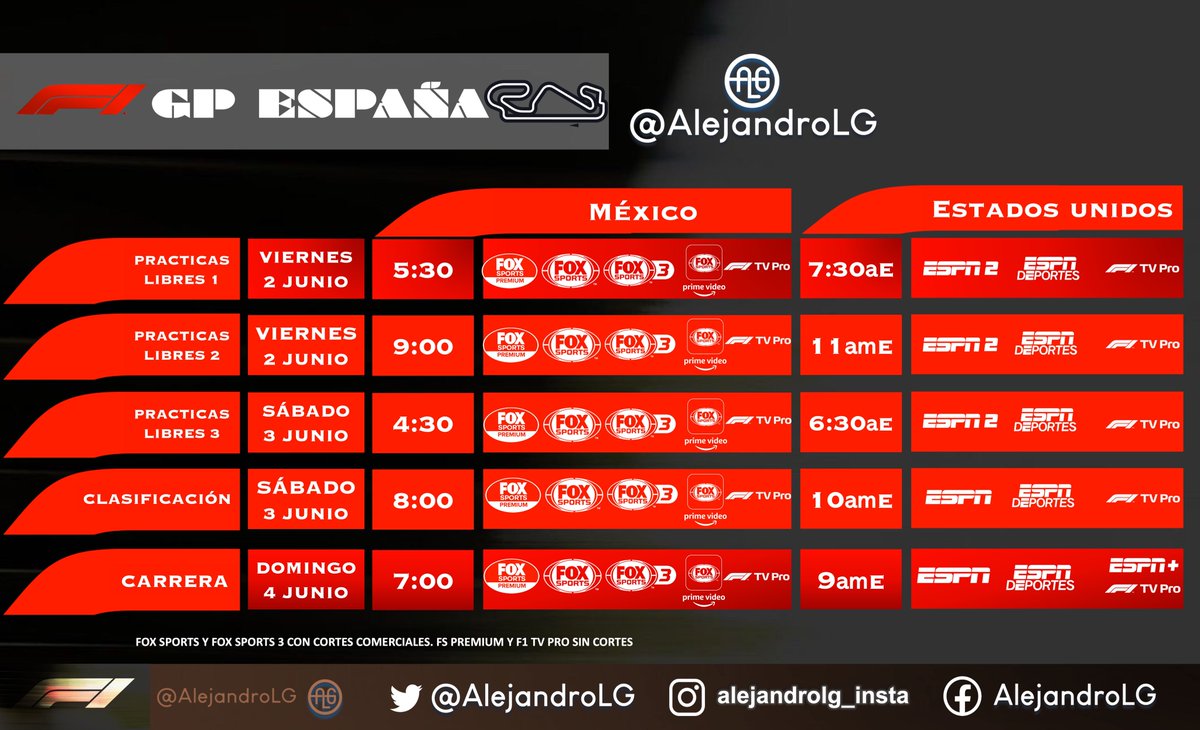 #F1 🏁 GP de España 🇪🇸 
HORARIOS Y TRANSMISIÓN 🇲🇽&🇺🇸 #SpanishGP  #F1ALG #ALG #F1xFOX #F1xFSMX