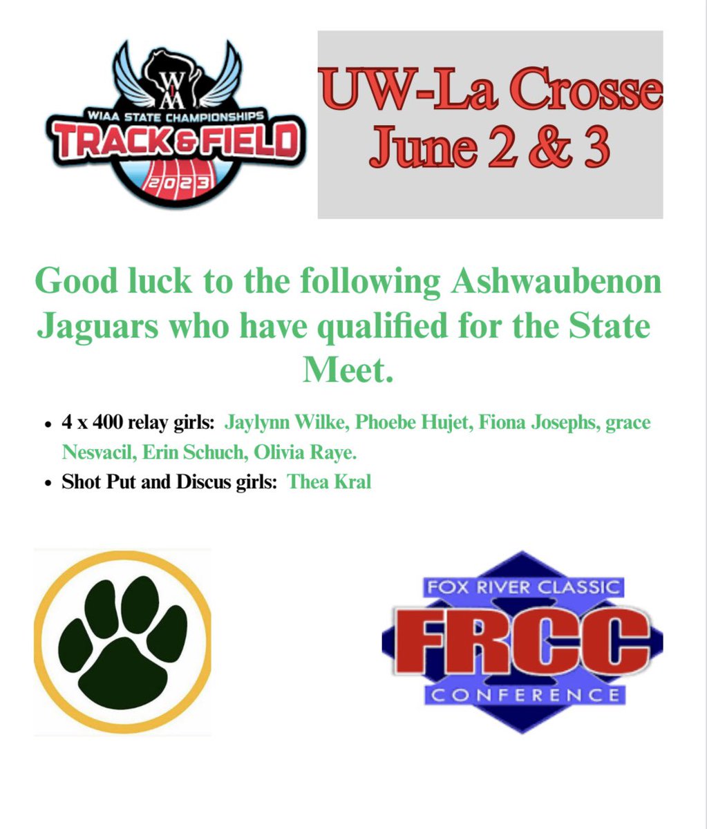 Fox River Classic Conference (@frccathletics) on Twitter photo Congratulations and good luck to the following FRCC athletes who have qualified for the 2023 WIAA State Track Meet being held in La Crosse this weekend. <a href="/AshwaubenonJags/">AHS Athletics</a> <a href="/ASHxc_trk/">AshwaubenonXC&TRK</a> Congratulations and good luck to the following FRCC athletes who have qualified for the 2023 WIAA State Track Meet being held in La Crosse this weekend. <a href="/AshwaubenonJags/">AHS Athletics</a> <a href="/ASHxc_trk/">AshwaubenonXC&TRK</a>