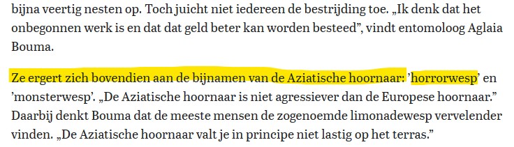 wespenvriend's tweet photo. In de @Telegraaf stond een artikel over de Aziatische hoornaar met entomoloog @AglaiaBouma die uitlegt waarom ze zich (net als iedere andere deskundige) aan de term "horrorwesp" ergert.
En wat is de kop boven het artikel?
"'Horrorwesp' verspreid zich razendsnel."๐
#DitMoetAnders https://t.co/beR6pKlWjg