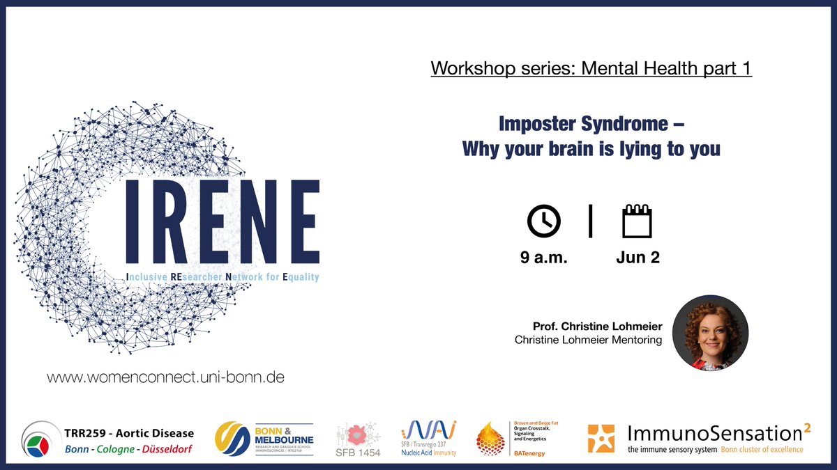 📢 Join us for the IRENE workshop "Imposter Syndrome – Why your brain is lying to you" today. Explore causes of Imposter Syndrome, learn about "thought errors," and discover coping strategies. Don't miss out! #ImposterSyndromeWorkshop