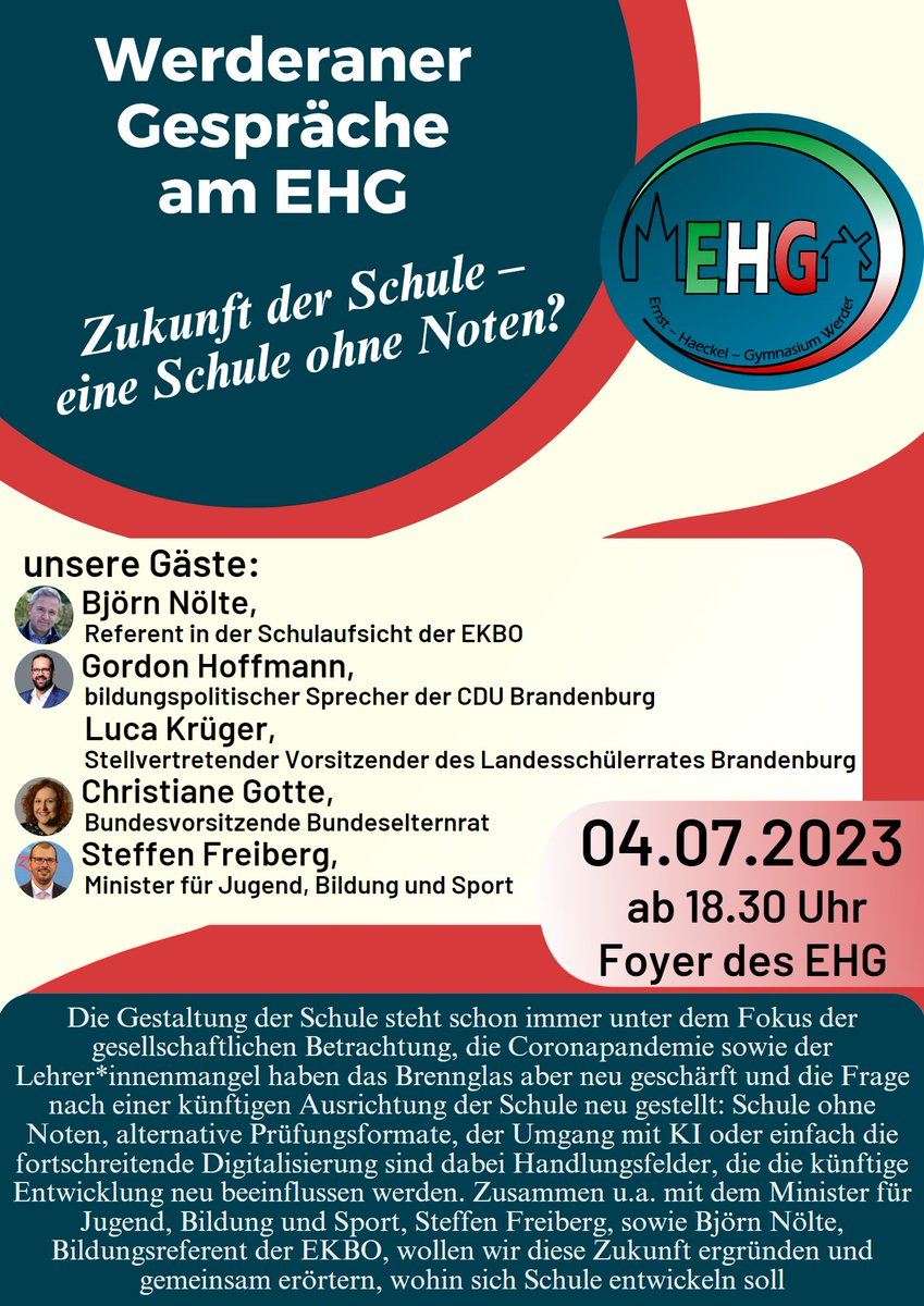 Mangel an Lehrkräften? Schule Ohne Noten? In einem Monat sprechen wir im Rahmen der Werderaner Gespräche am EHG u.a. mit Bildungsminister Freiberg (<a href="/MBJSBrandenburg/">MBJS Brandenburg</a>), <a href="/Noelte030/">Björn Nölte</a> und <a href="/gordonhoffmann/">Gordon Hoffmann 🇩🇪 🤝 🇺🇦</a> über die Zukunft der Schule. Kommt alle vorbei! 04.07. um 18:30 Uhr