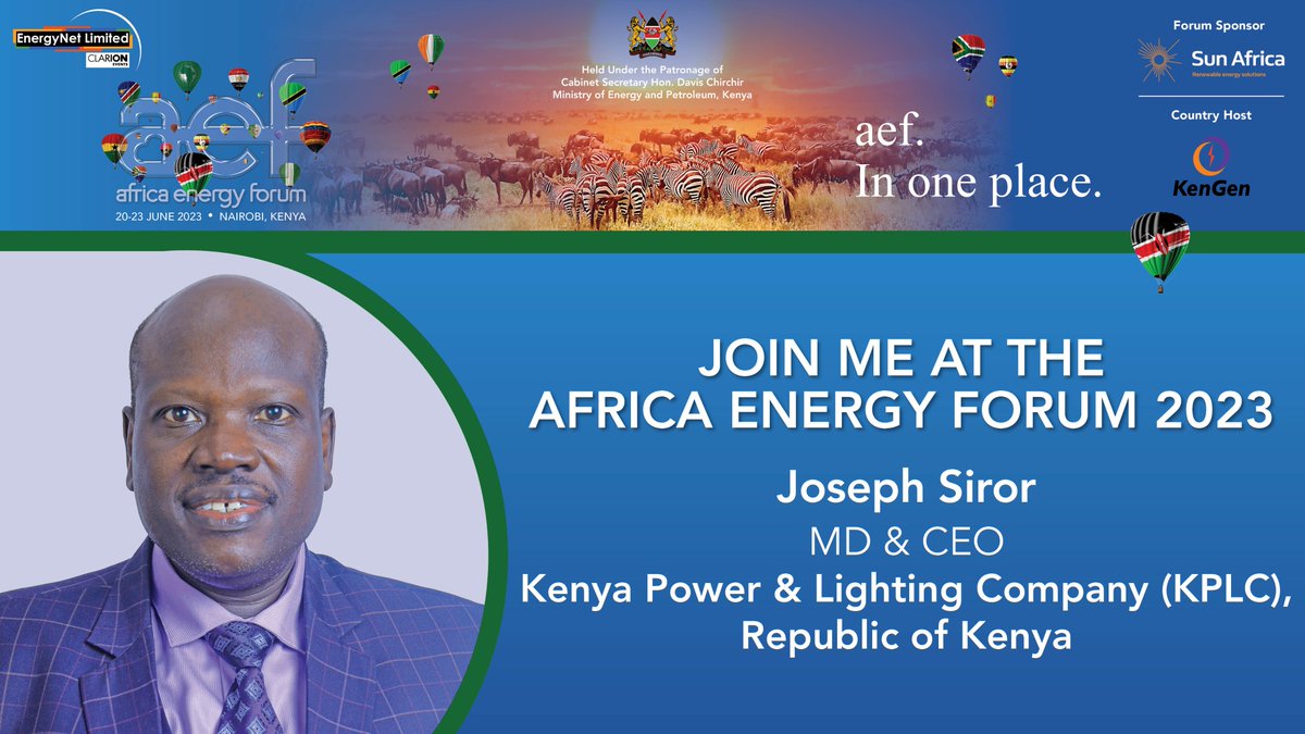 I'm speaking at this year's #aef23 in Nairobi, Kenya, on 20-23 June 2023.

Join me, and other leading experts in this exciting forum.

- Dr. Eng. Joseph Siror
MD & CEO, Kenya Power.

To register: bit.ly/3n3at1S
#aef23 
#energy 
#powerafrica #africaforafrica
#EnergyNet