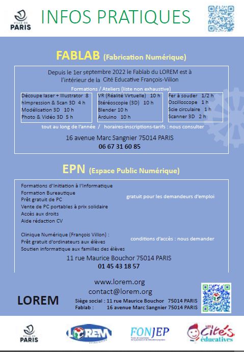 Demain samedi 03 juin, c'est la fête du numérique à la cité scolaire Villon! On commence par les 50 ans du fablab LOREM, et on continue avec la Nuit Blanche #NuitBlancheParis <a href="/NBParis/">Nuit Blanche Paris</a> . On en profite pour organiser un café des parents avec la <a href="/FcpeVillon/">FCPE Villon Paris 14</a> .
Venez nombreux!