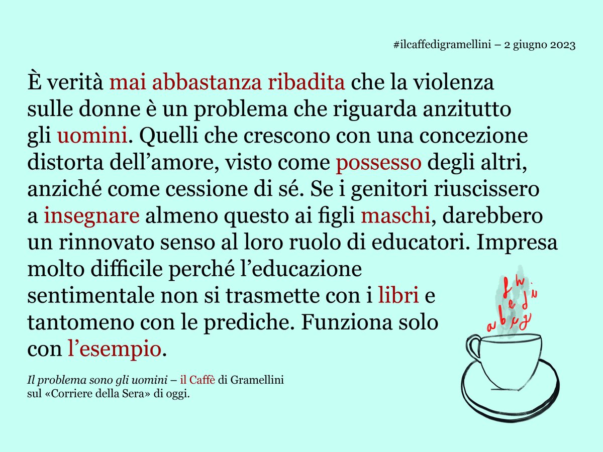 «Il problema sono gli uomini»: #ilcaffedigramellini sul <a href="/Corriere/">Corriere della Sera</a> di #venerdì #2giugno.
corriere.it/caffe-gramelli…