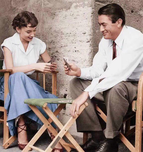 Audrey Hepburn and Gregory Peck behind the scenes of Roman Holiday, 1953