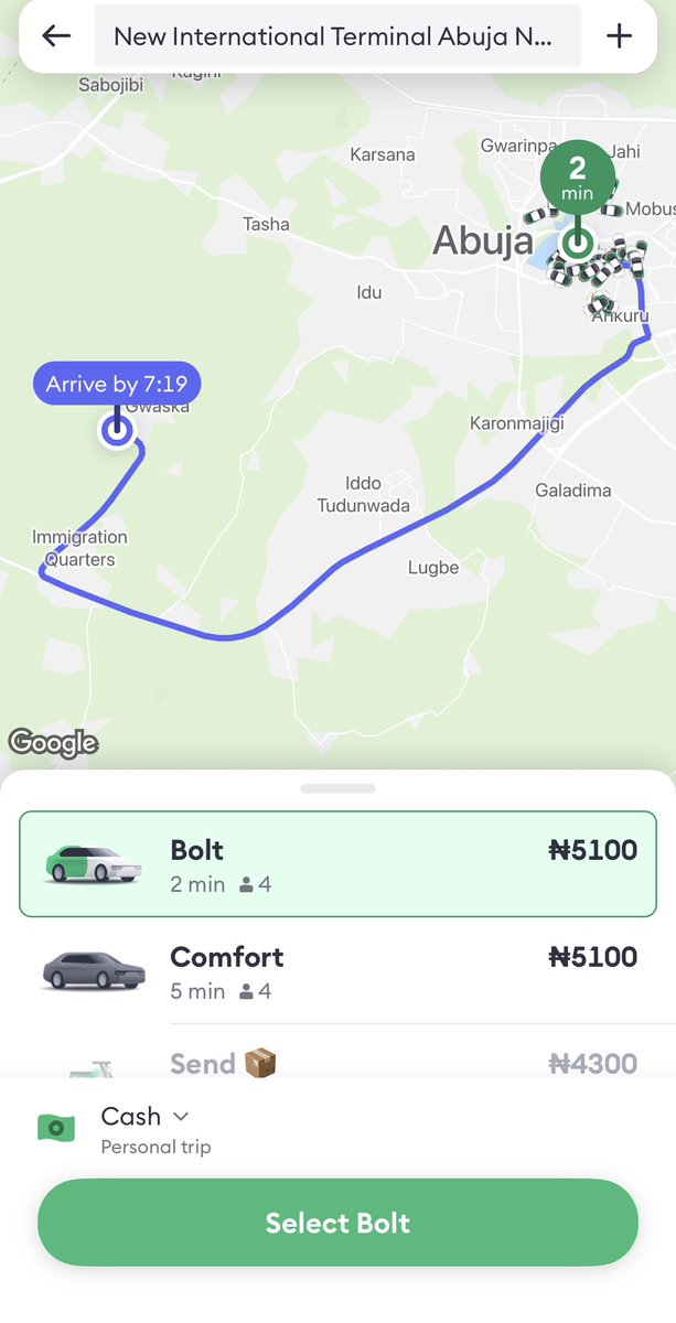 In Abuja, using Bolt to the Airport was between N5,100 to N6,000. Today, the App showed N5,100, the driver turned up, said the following;
Driver: Oga good morning, I no dey go Airport for N5,100 oh.

Me: why na, that’s what the App said.

Driver: don’t mind Bolt, they haven’t…