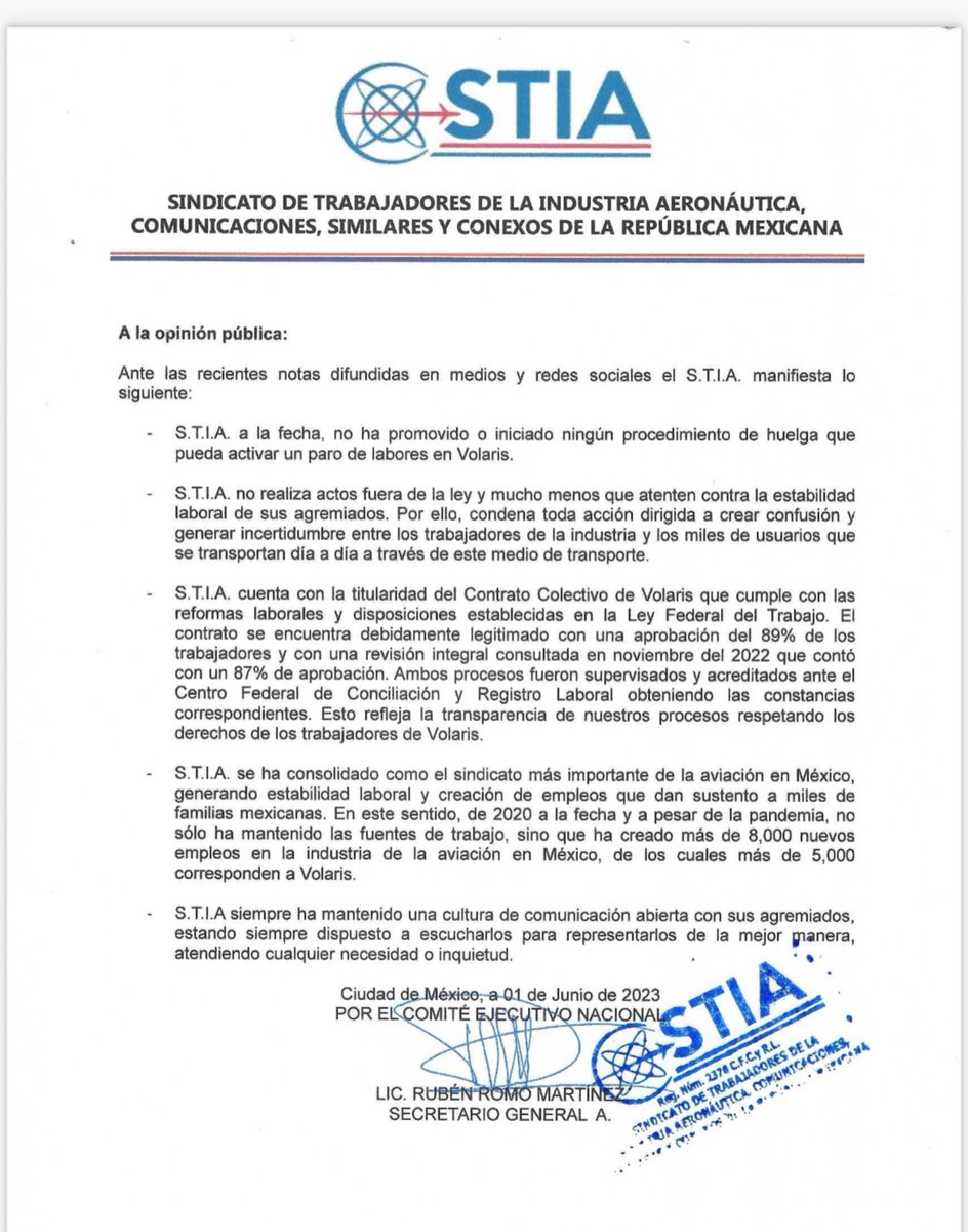 STIA Reafirmando lo ya dicho, terrorismo laboral, mentiras, amenaza con despidos y manda su posición a empleados. <a href="/Foro_TV/">Foro</a> <a href="/Azteca/">TV Azteca</a> <a href="/latinus_us/">Latinus</a> <a href="/ElFinanciero_Mx/">El Financiero</a> <a href="/Milenio/">Milenio</a> <a href="/reforma_com/">REFORMA.COM</a> <a href="/Excelsior/">Excélsior</a>