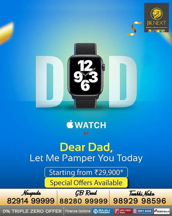JKNextMobiles's tweet image. Celebrate #FathersDay with special offers from JK Next.

Give your dad the gift of good health. For best deals on #WatchSE, Call 88280 99999.

#Apple #Offers #BestDeals #Smartwatches #Thane #HiranandaniEstate #Naupada #TembhiNaka