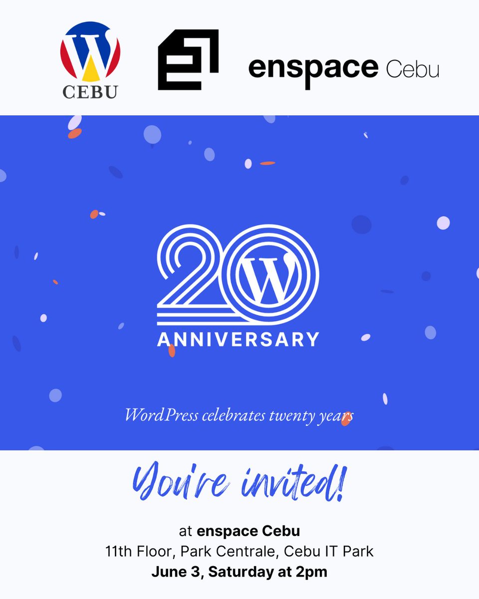 WordPressCebu's tweet photo. Calling all WordPress enthusiasts and web pioneers!
Come join the ultimate celebration as we commemorate 20 incredible years of WordPress!
RSVP here: https://t.co/nhEAEhKoN3
See you tomorrow! #WPCebu #WP20 #WordPress20 https://t.co/7w7i8P20zP