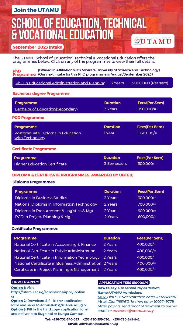 utamu_uni's tweet photo. September Intake now open!

Discover new heights in education &amp; advance your career at our School of Education, Technical &amp; Vocational Education. 

All our Programmes are fully accredited by NCHE.

For confirmation, click link below:  https://t.co/10jWqvPs4C… https://t.co/J9hRfieP53