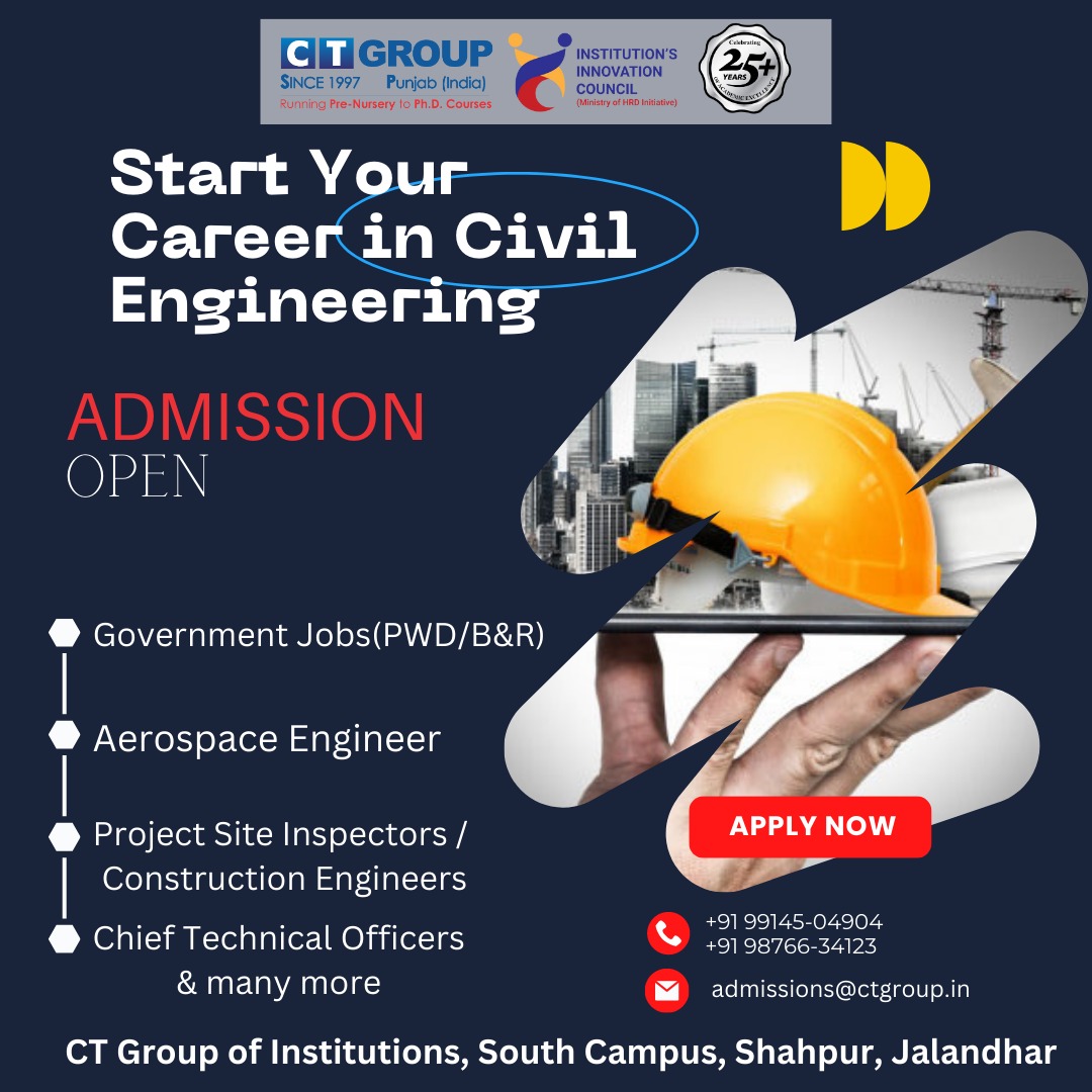 CTGroupshahpur's tweet image. At CT Group, our B.Tech Civil Engineering program is designed to equip you with the skills and knowledge to become a professional Civil Engineer. #CTGroup #BTechCivilEngineering

#ctgroup #civilengineering  #admissionsession  #btech #engineer