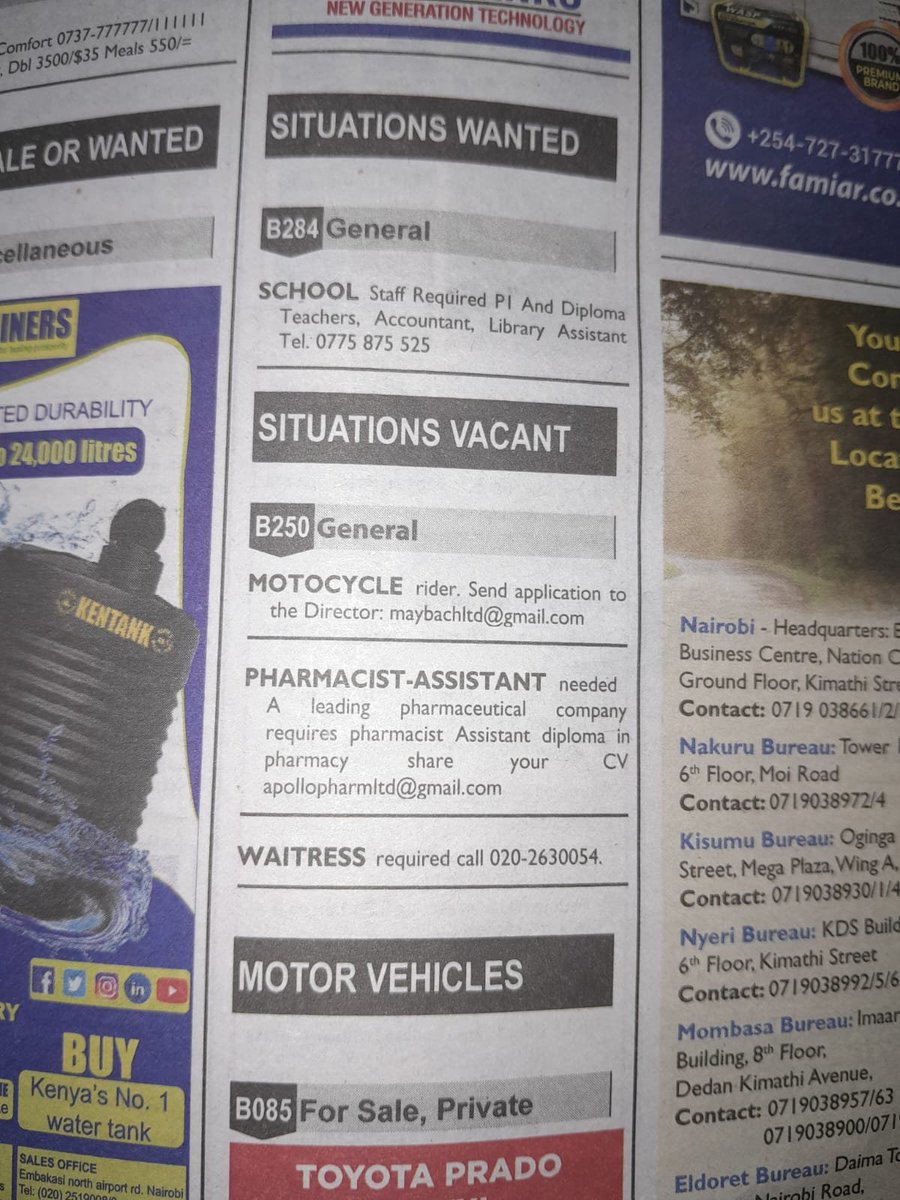 Got This From A Newspaper.... Try Your Luck.... DON'T PAY ANYTHING IF ASKED TO PAY.... 

#JoseOchyBerry #Ikokazi #IkokaziKE #KOT #JobOpening #job #work #jobs #jobsearch #career #hiring #recruitment #employment #FACupFinal #jobseekers #recruiting #jobfair #working #careers Kiambu