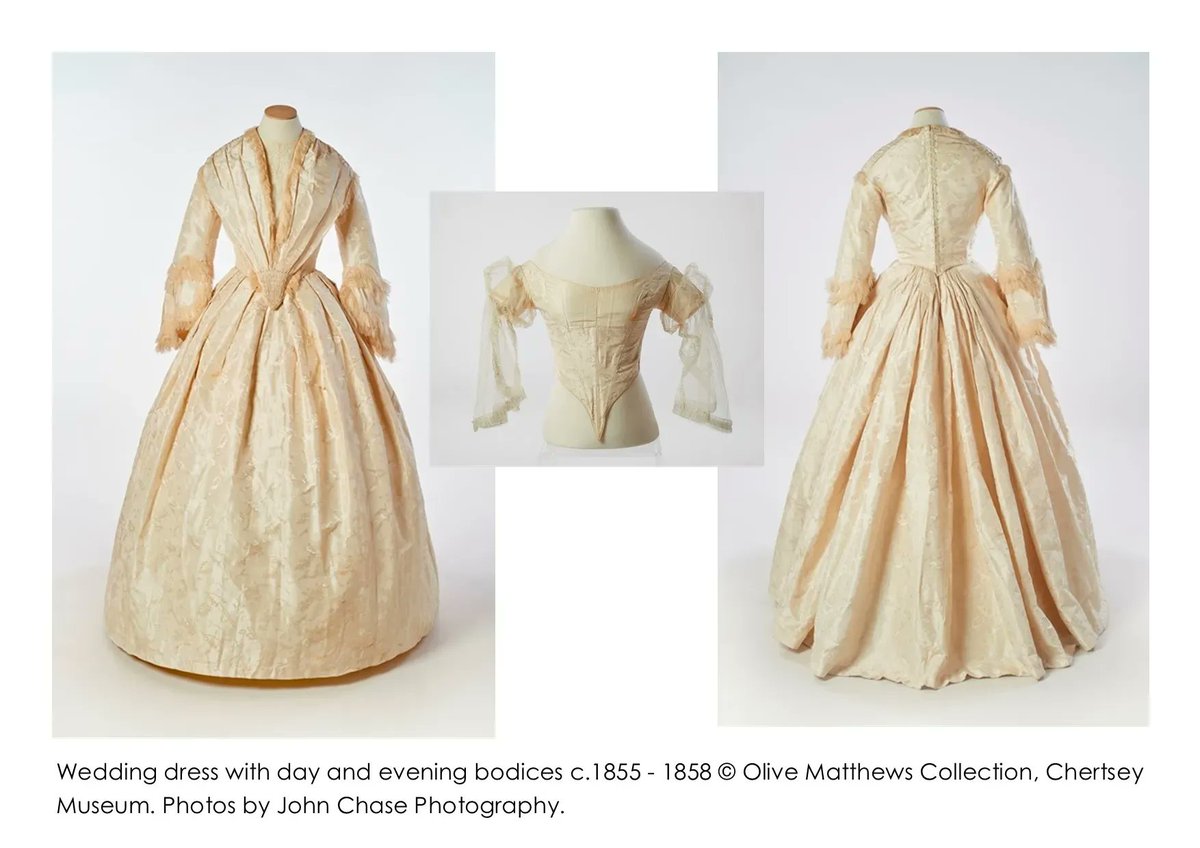 ChertseyMuseum's tweet photo. #FridayFrocks β #SpringBride. A cream figured silk wedding ensemble, c.1855-58, with both day and evening bodices. Evening bodice (shown separately) once featured more decoration; lace or flowers. #WeddingDress #VictorianFashion @Johnchasephoto https://t.co/Y79CrSLFcj