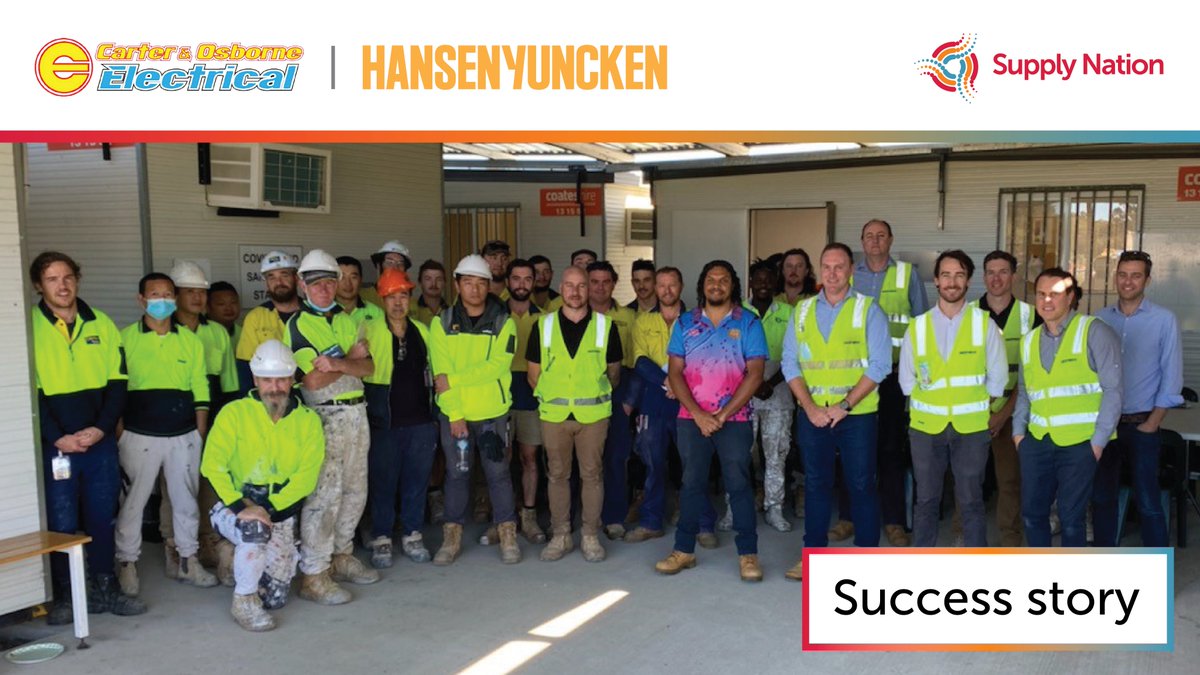 SupplyNation's tweet photo. As National Reconciliation Week 2023 draws to a close, we are proud to feature Supply Nation member Hansen Yuncken and Certified Indigenous business Carter &amp; Osborne Electrical who have partnered to create Indigenous employment opportunities. Full story: https://t.co/YSakDBsbOv https://t.co/6UheWGEIgZ