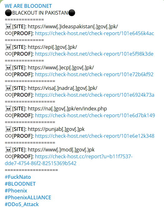 BLOODNET hackers group claims to have targeted and attacked Pakistan government infrastructures.

#Pakistan 
#cti #threatintel #cyberattack #ddos