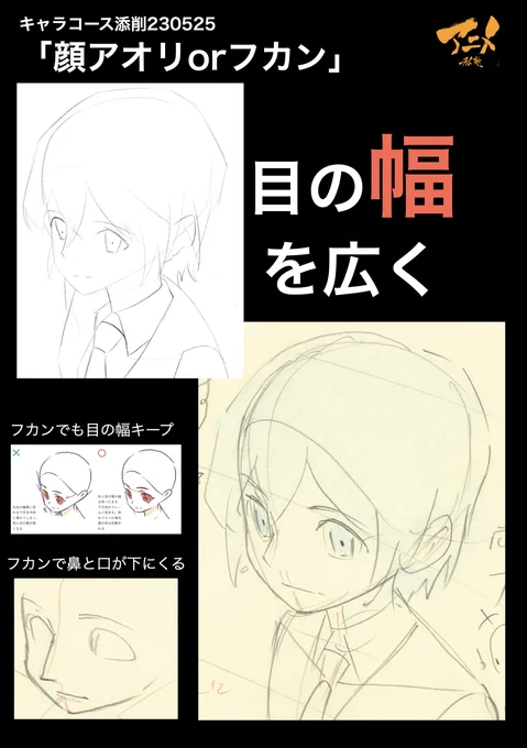 キャラコース添削230525「顔アオリorフカン」 ●目の幅を広く ・フカンでも目の幅キープ ・フカンで鼻と口が下にくる