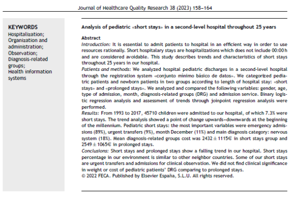 📰 Analysis of pediatric «short stays» in a second-level hospital throughout 25 years
✏️Original en el @JHealthQualityR #RevistaSECA #JHQR
👉 bit.ly/3IWLkhp
✅#QualityHealthcare #Hospitalization #Organization @Administration #Observation #DGR #Healthinformationsystems