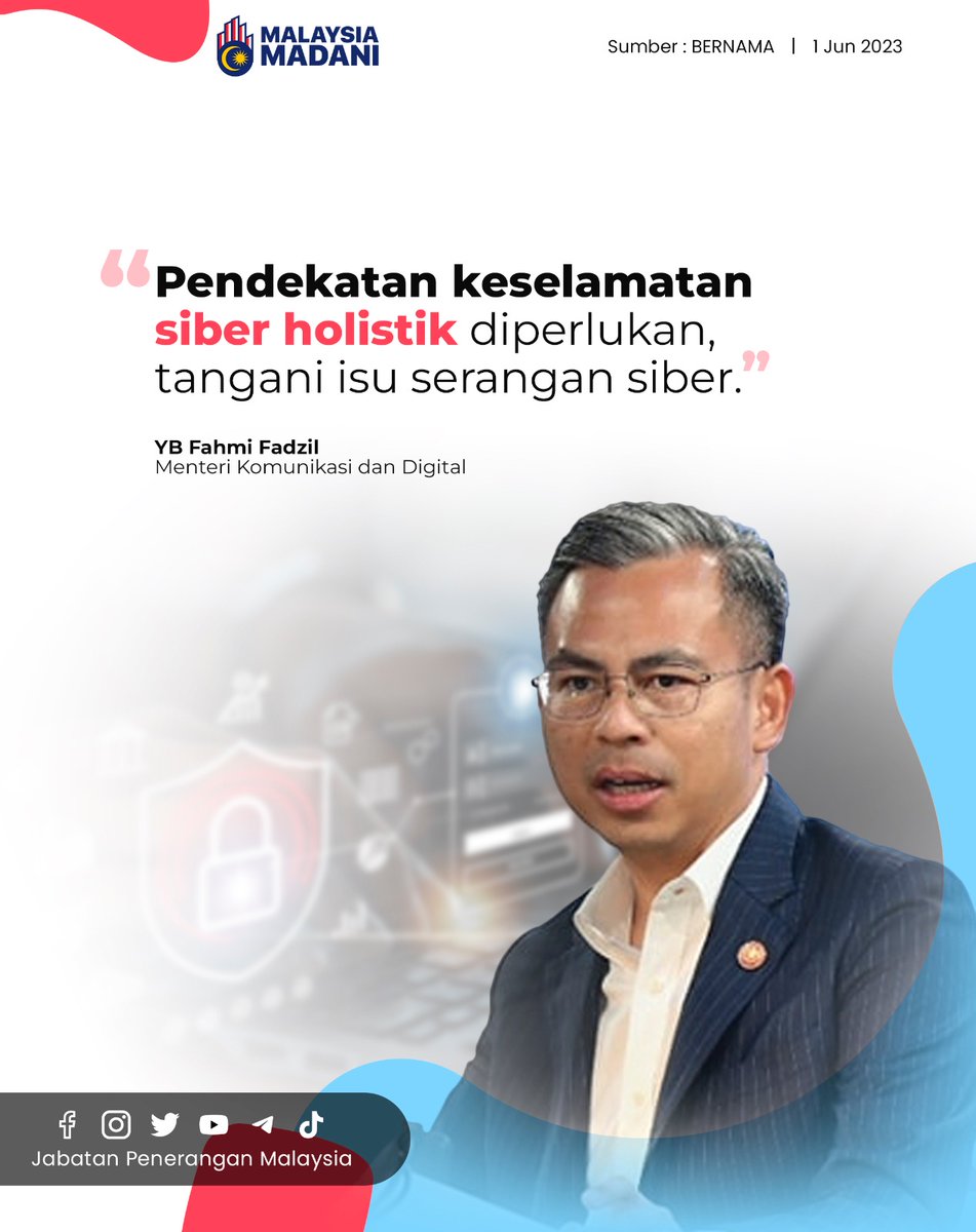 Menteri Komunikasi dan Digital, YB Fahmi Fadzil berkata, fokus hendaklah dialih daripada cuba mencegah serangan siber sepenuhnya kepada menyusun strategi serta meminimumkan impak apabila ia berlaku.

#KKD
#MalaysiaMADANI
#JabatanPenerangan