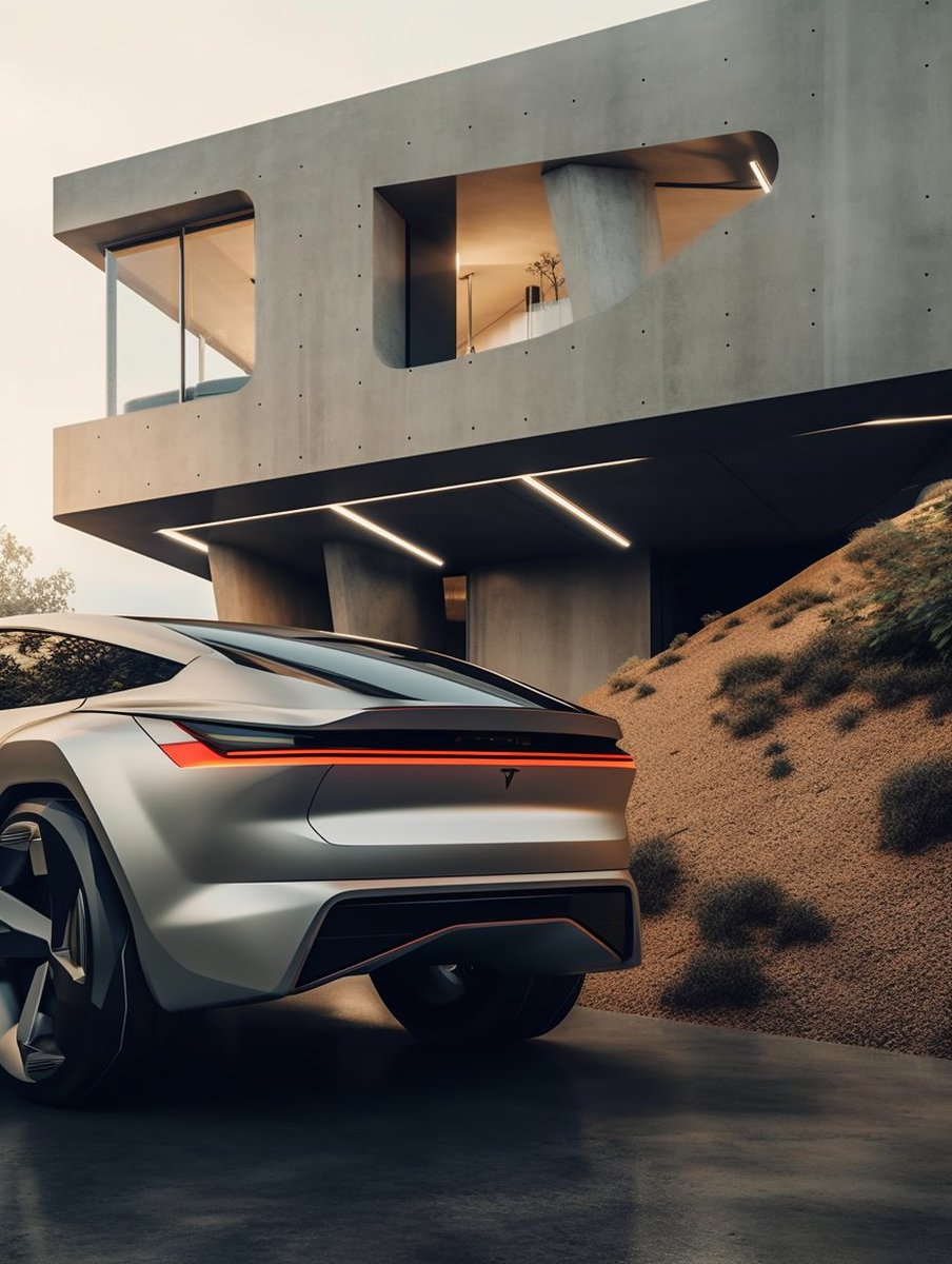 AI Futuristic Concrete House Seamlessly Blends with a Tesla Car
