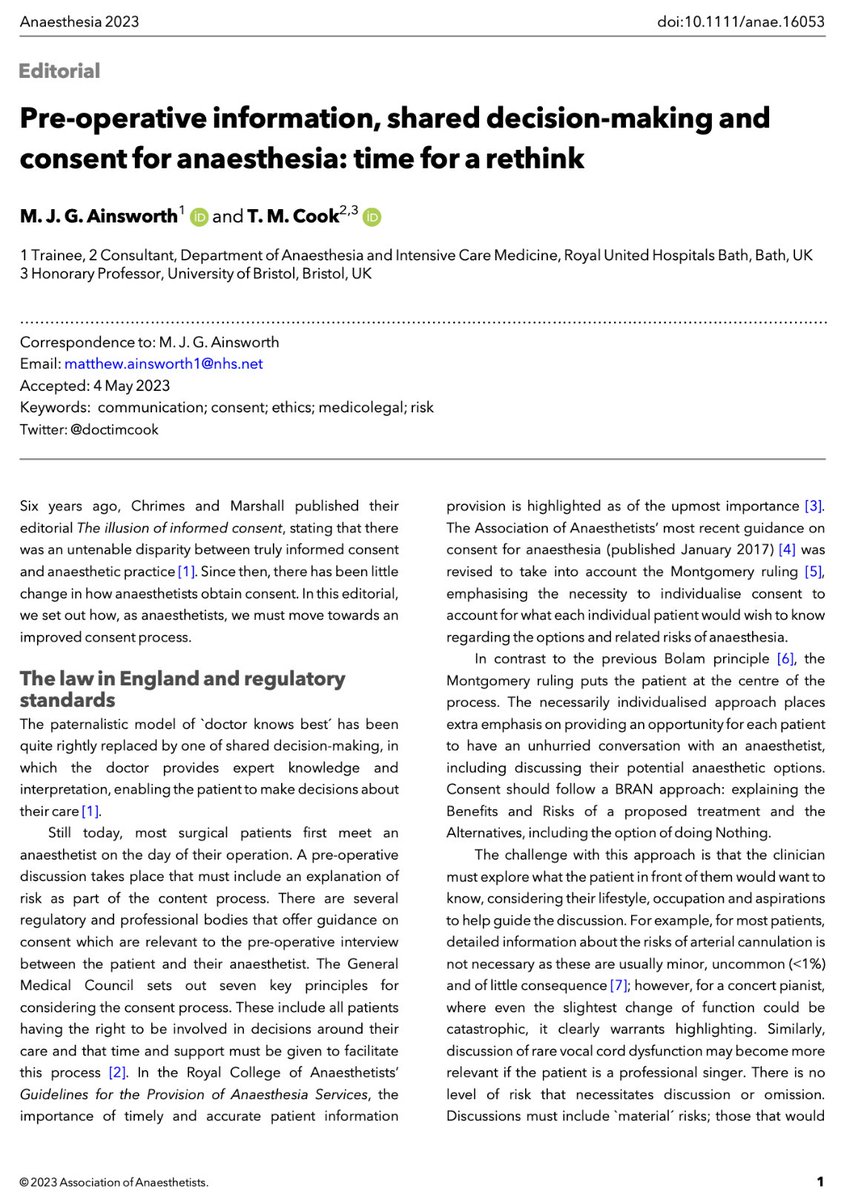 𝘈𝘯𝘢𝘦𝘴𝘵𝘩𝘦𝘴𝘪𝘢 (@anaes_journal) on Twitter photo 🔓"Six years ago, <a href="/NicholasChrimes/">Nicholas Chrimes</a> and @hypoxicchicken published The illusion of informed consent, highlighting disparity between informed consent and anaesthetic practice. Since then, there has been little change in how we obtain consent."
<a href="/doctimcook/">Tim Cook</a>
🔗…-publications.onlinelibrary.wiley.com/doi/10.1111/an… 🔓"Six years ago, <a href="/NicholasChrimes/">Nicholas Chrimes</a> and @hypoxicchicken published The illusion of informed consent, highlighting disparity between informed consent and anaesthetic practice. Since then, there has been little change in how we obtain consent."
<a href="/doctimcook/">Tim Cook</a>
🔗…-publications.onlinelibrary.wiley.com/doi/10.1111/an…