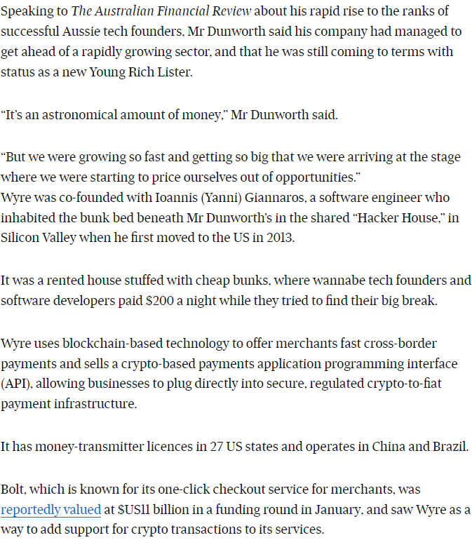 ParrotCapital's tweet photo. @Cryptadamist @KyleOdomMartian @Samsquanched @BennettTomlin @IronHorse_8inf @AlderLaneEggs @Seawolfcap @mikulaja @Annihil4tionGod So Michael Dunworth, an Australian who helped found #Wyre #SendWyre made a massive fortune when it was sold to #Bolt. 

There's an outfit call #Snapcard that fits in along the way, which is tied Adam Draper of #BoostVC, the son of Tim Draper of #BitPay, #Theranos, $COIN, etc. https://t.co/2gfvqYYWJH