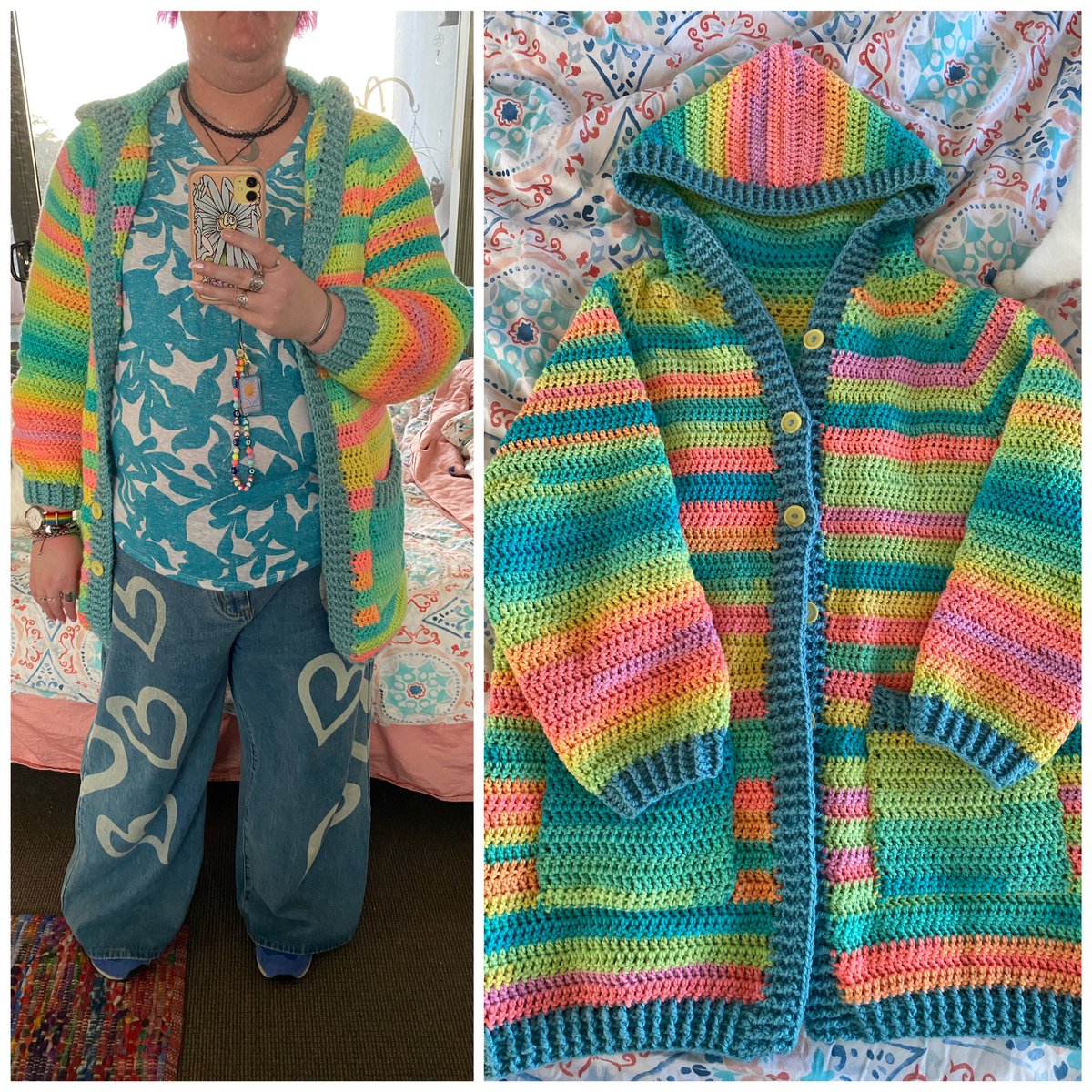 FaeHerself's tweet photo. Hooded cardigan using Red Heart Super Saver Stripes in Retro Stripe https://t.co/4ju7WetY0C