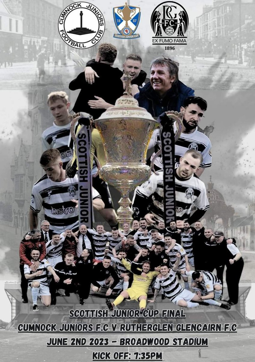 It's cup final match day ! ⚽️🏁🏆 Cumnock Juniors v Rutherglen Glencairn kicks off at 7.35pm at Broadwood Stadium in the Clydebuilt Home Improvements Scottish Junior Cup Final ! If you don't have a ticket, or can't make it to Broadwood, the match will be shown live on BBC Alba.