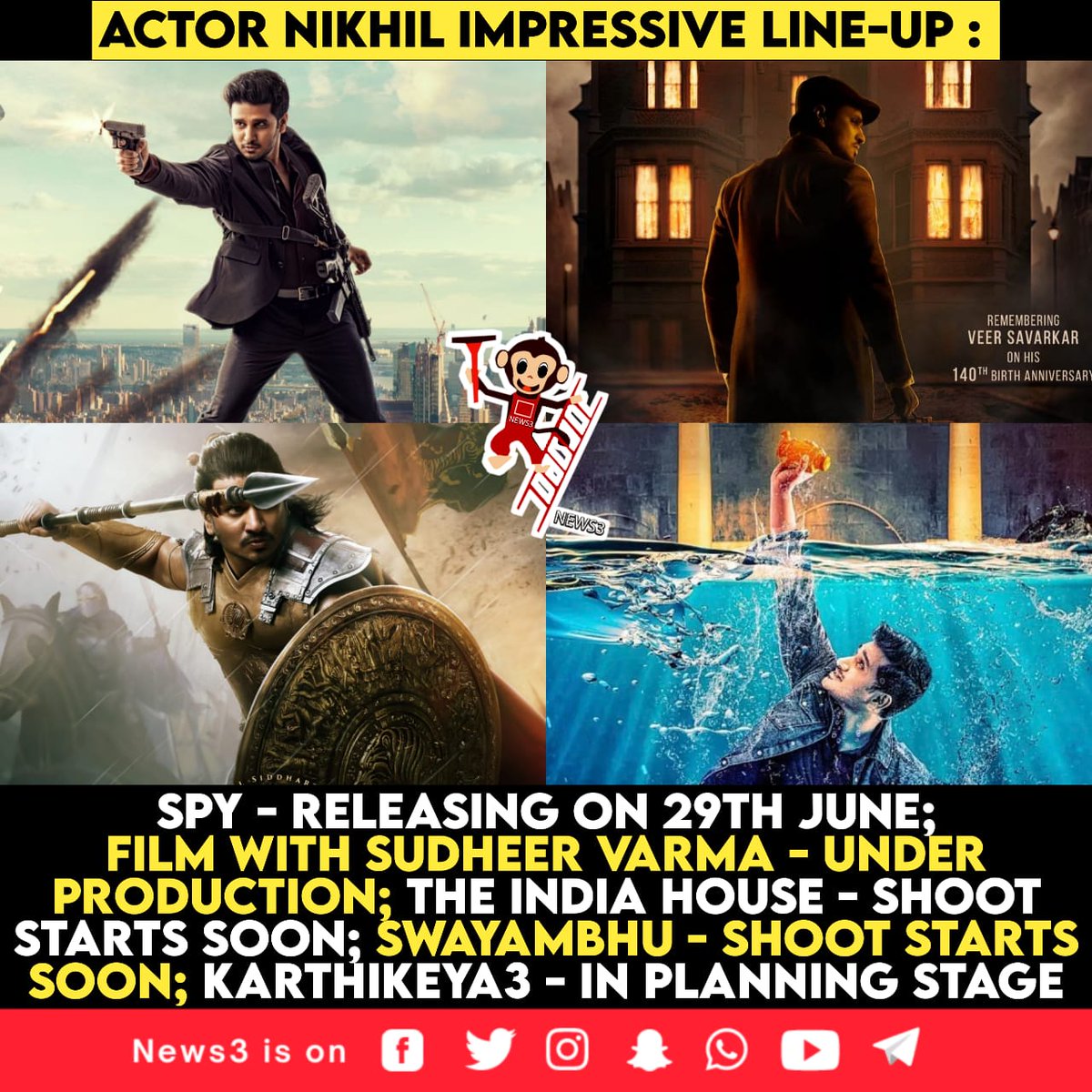 #NikhilSiddharth Massive Line-up 💥💥❤️‍🔥

#News3People #Karthikeya3 #TheIndiaHouse #SpyMovie #Spy #Swayambhu