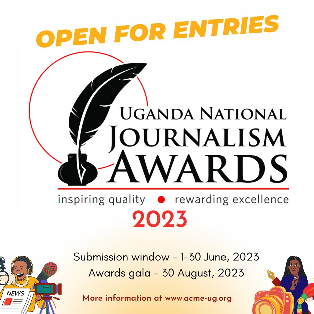 📣 Calling all Ugandan journalists and media organisations! 📻🖊️🎙️📰 The stage is set for the Uganda National Journalism Awards. 🏆🇺🇬 Submit your best work and editorial innovations of 2022. #UNJA2023 #ACMEAwards More information ➡️ bit.ly/3C995z5