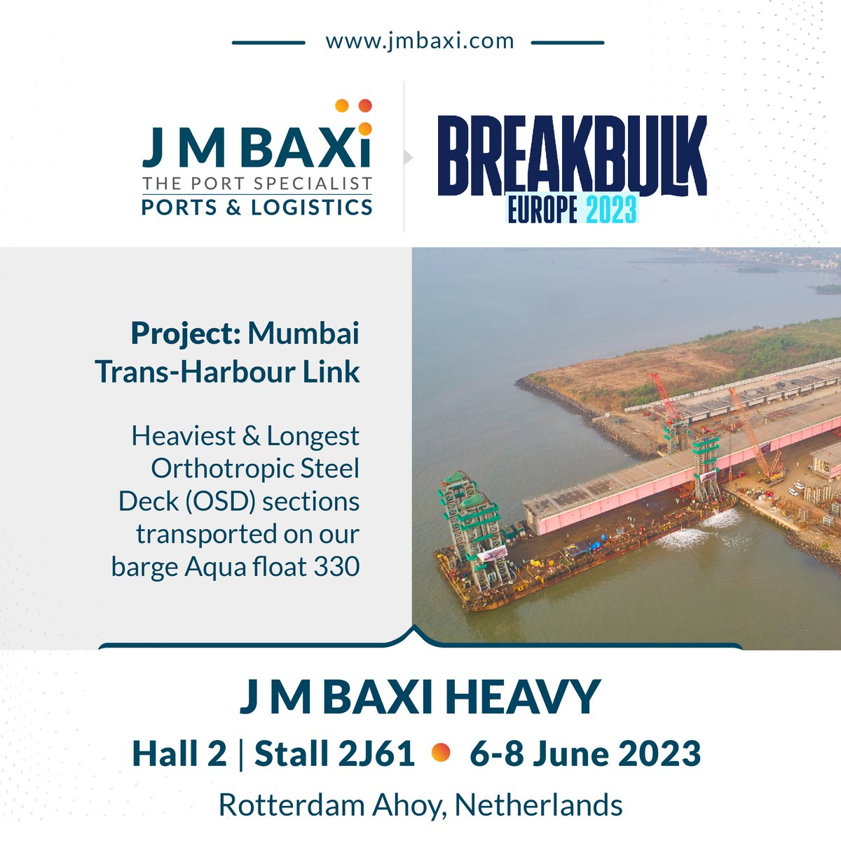 jmbaxigroup's tweet photo. J M Baxi Heavy ferried varied-sized bridge spans including the heaviest and longest for the MTHL bridge. To know more, meet the team at Breakbulk Europe, Hall 2 | Stall no. 2J61 6-8 June 2023.
#Breakbulk2023 #bbeu2023 #JMBaxiHeavy #ProjectLogistics #HeavyLogistics https://t.co/ag4FGs68Nw