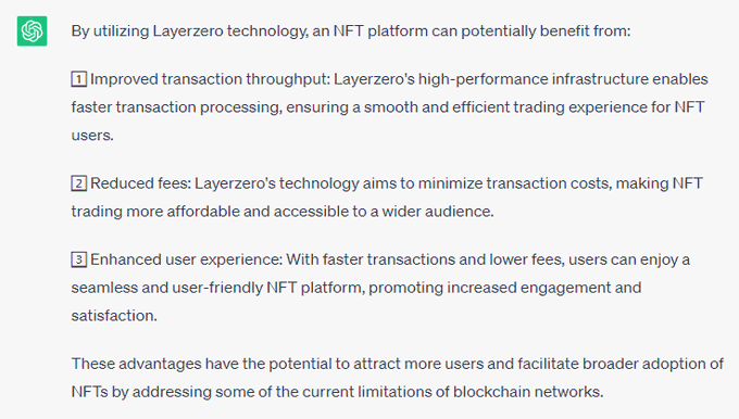 ChatGPT is taking a peek into the #NFT Platform powered by @LayerZero_Labs What do you think about this? #LayerZero #omnichain #Web3 #chatgpt