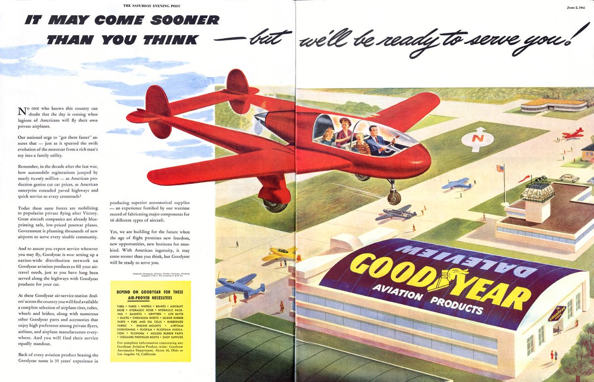 #OTD in 1945
‘It may come sooner than you think - but we’ll be ready to serve you!’
Goodyear Aviation Products
Illustrator unknown
The Saturday Evening Post, June 2, 1945
#illustration #Goodyear #illustrationart #airport #aviation #flyingcar