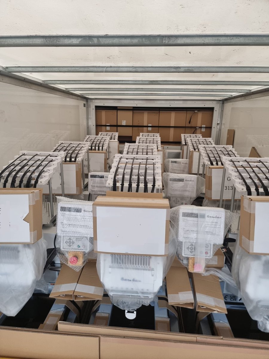 BarudanUK's tweet photo. Twelve BEKT-S1501CAII were delivered and installed this week at @beuniformswt 
All lined up and ready for action! Congratulations guys! Bring on the schoolwear season
#barudan #barufan #barudanforlife #highstandards #exceedexpectations #qualitymatters #builtinJapan #builttolast https://t.co/MNZp941rGf