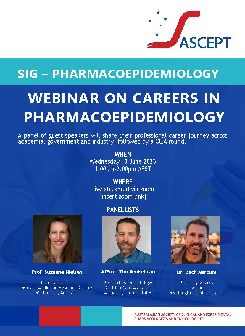 <a href="/ASCEPTanz/">ASCEPT</a> Pharmacoepidemiology SIG is excited to hold a webinar on Careers in Pharmacoepidemiology featuring <a href="/DrSuziNielsen/">Suzanne Nielsen PhD MPS</a> Dr. Tim Beukelman Dr. Zach Marcum on June 13th at 1pm register: uni-sydney.zoom.us/webinar/regist…