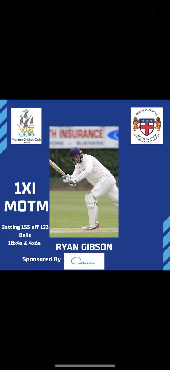 CricketMarton's tweet image. 🏏1st Team MOM🏏

1st Team man of the match for Saturday was Ryan Gibson for his 3rd consecutive league ton, with 155 off just 123 balls! 

Ryan is sponsored by @calmdigital