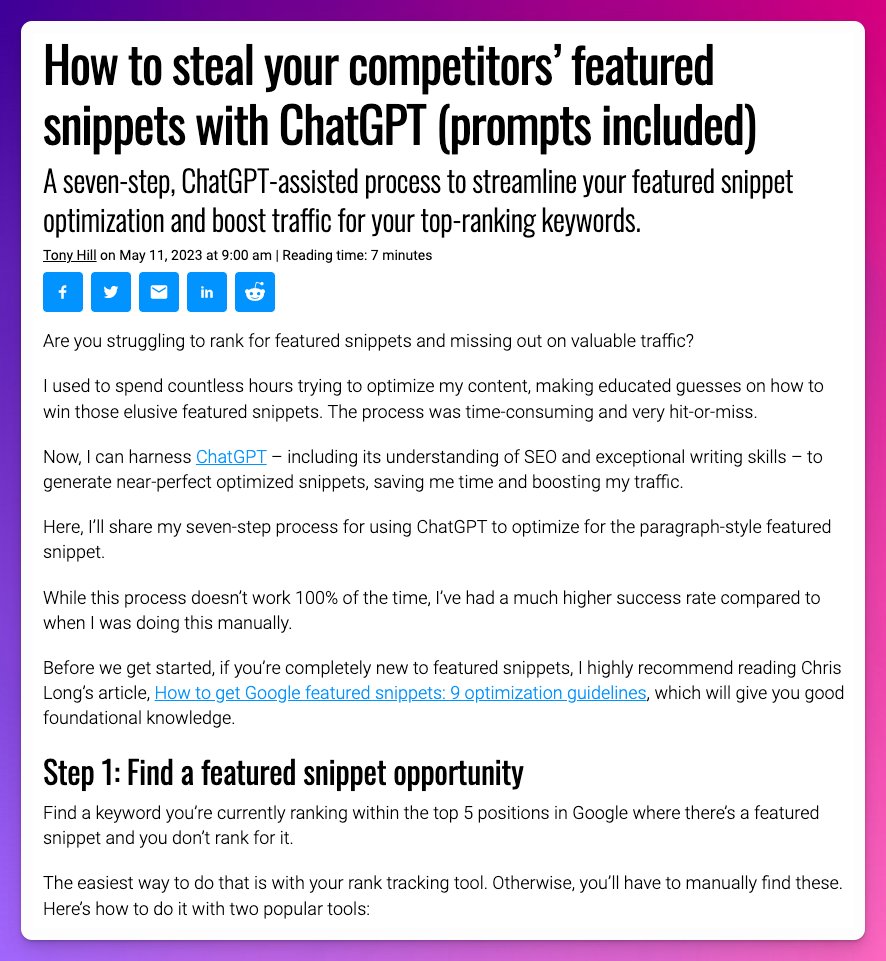 Brilliant use of #ChatGPT for #SEO! 🔥

Learn how to steal your competitors' featured snippets with these ChatGPT prompts by <a href="/tonythill/">Tony</a> via <a href="/sengineland/">Search Engine Land</a>! 

🔗 searchengineland.com/steal-featured…