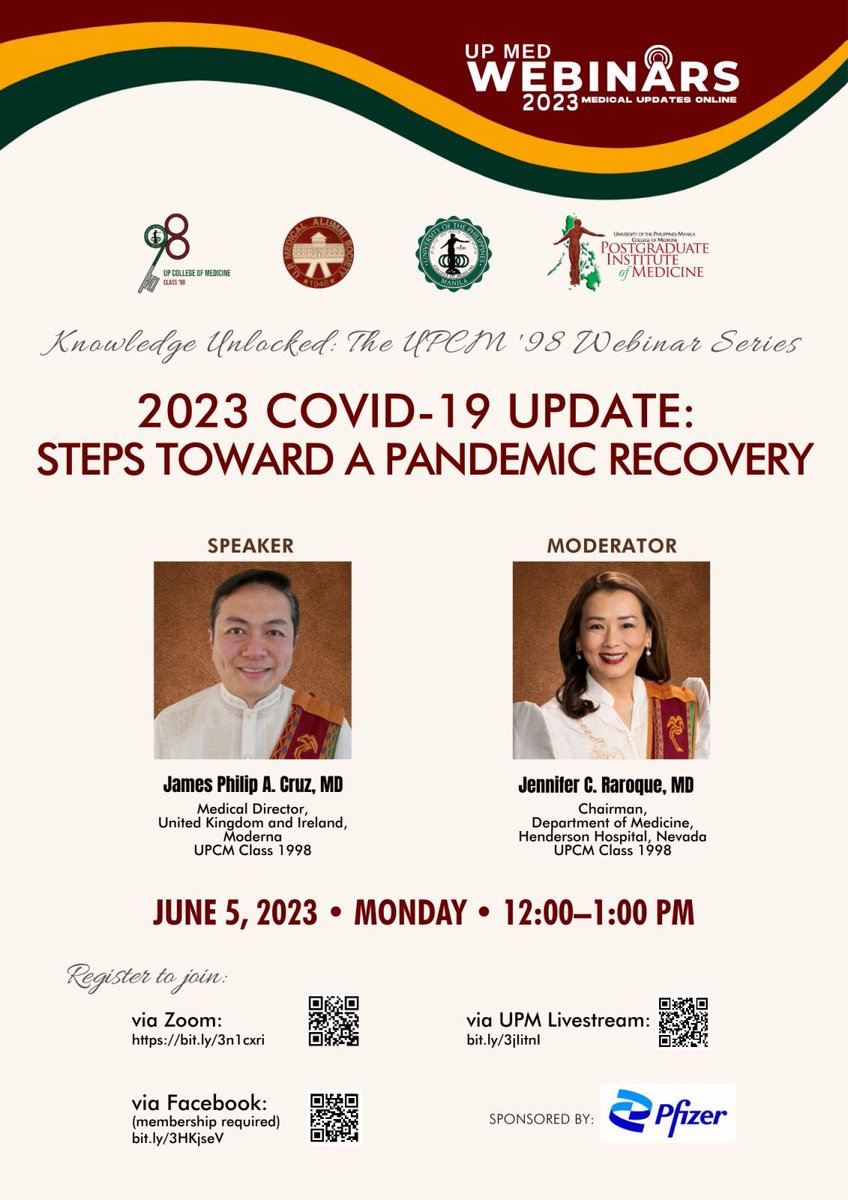 UPCM98's tweet photo. Join our webinar on COVID-19 UPDATES on June 5, Monday, 12NN.. brought to you by the 2023 Silver Jubilarians, UPCM β98!
β’ Zoom β https://t.co/ucd0DDRqQB
β’ Facebook β https://t.co/cWCFvxAOpI
β’ UPM Livestream β https://t.co/jm6qmPOnFl
@UPManilaOnline
#COVID19
#UPCM98 https://t.co/ONG7OgMiHK
