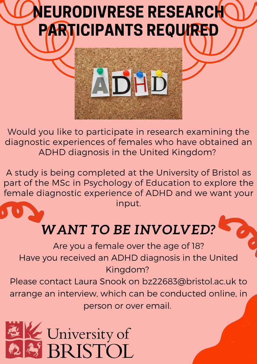 laurasnook8's tweet photo. I am currently recruiting participants to take part in my MSc dissertation research project. 
I am investigating the female experience of obtaining an ADHD diagnosis. 
I have attached my poster so please get in touch if you are interested 😊
Thank you in advance! #adhdresearch https://t.co/dmg7IGsZo9