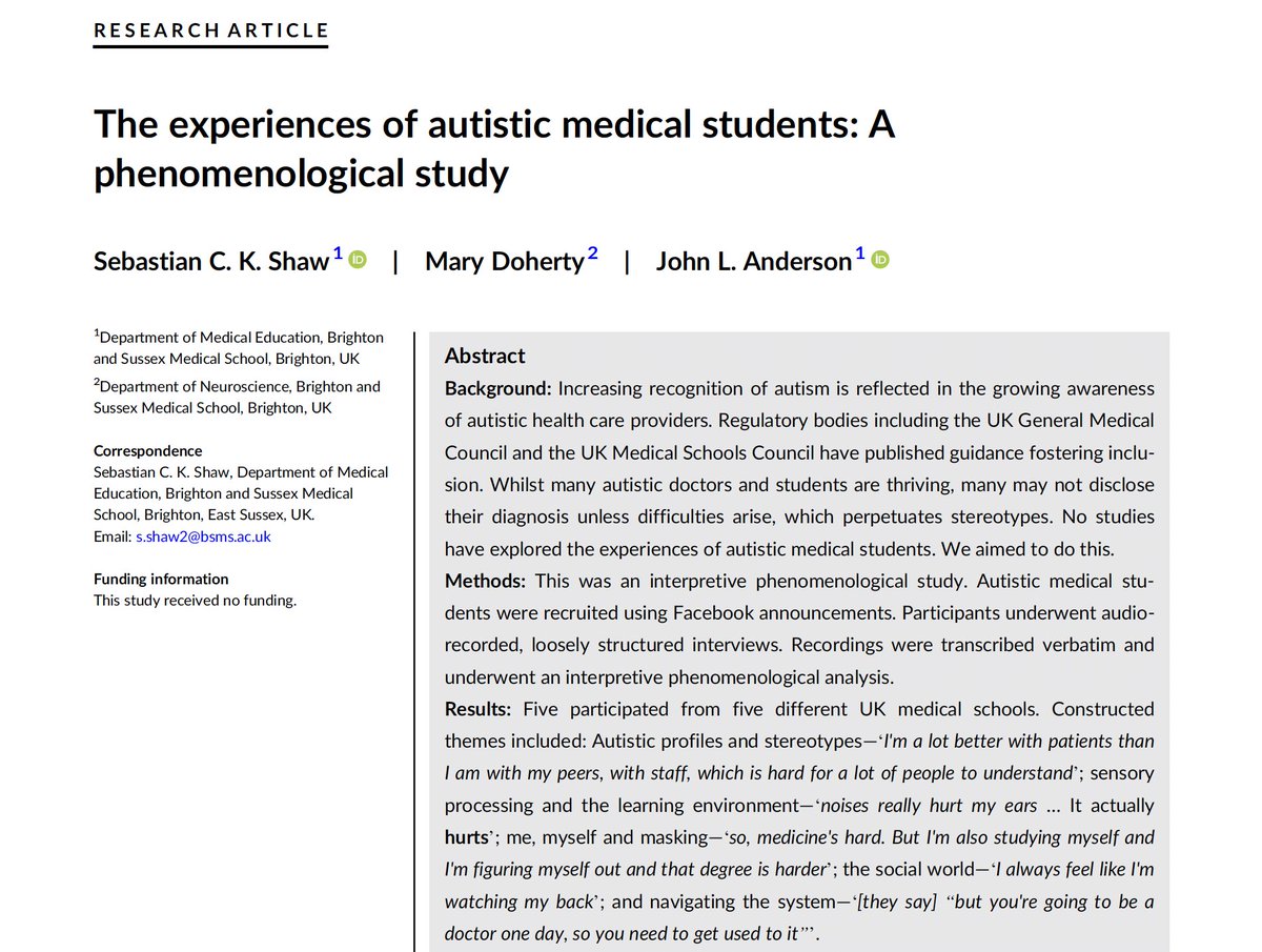 🗞️***NEW PAPER***🗞️ Experiences of #ActuallyAutistic medical students 'Participants longed for understanding and support... [but] most felt themselves to be victims of the system... expected to adapt themselves... to appear non-autistic' 👇👇👇 Link: researchgate.net/publication/37…