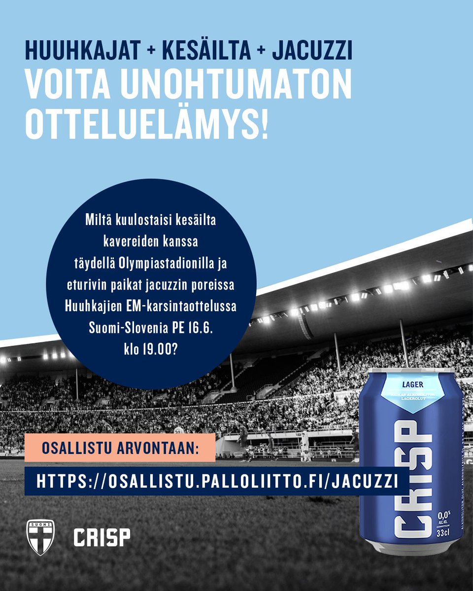 𝐉𝐀𝐂𝐔𝐙𝐙𝐈-𝐊𝐀𝐓𝐒𝐎𝐌𝐎 - Ensimmäistä kertaa UEFA:n alaisessa maaottelussa! 😎 | Osallistu arvontaan➡ go.palloliitto.fi/JACUZZI

Nyt on etsinnässä neljän henkilön porukka, joka haluaa voittaa unohtumattoman otteluelämyksen! 🔥⚽

#Huuhkajat #kaikenlaisiinolosuhteisiin
