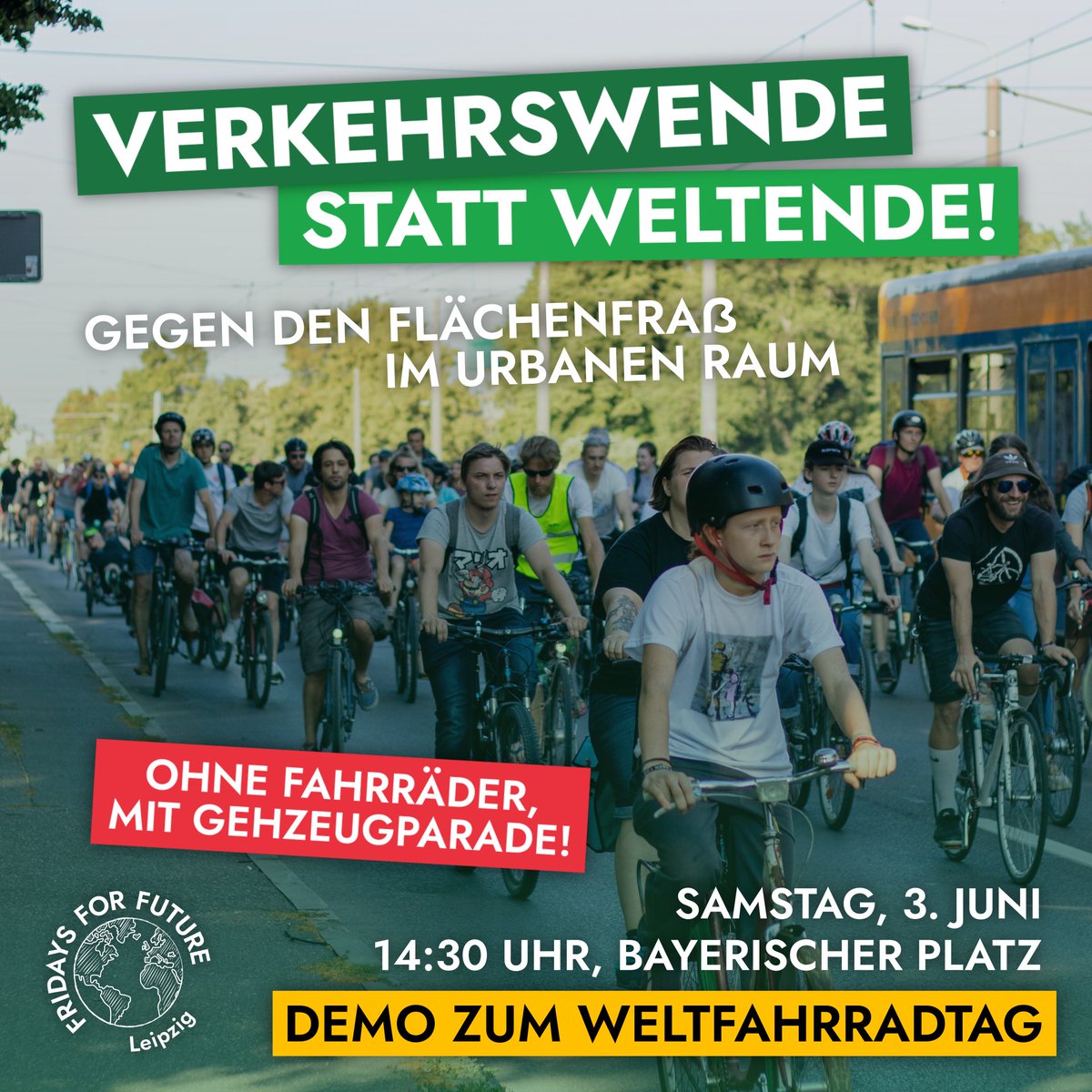 Zum #Weltfahrradtag fordern wir zusammen mit anderen NGOs den Radwegeausbau sowie #Flächengerechtigkeit:
🚴 9 bis 14 Uhr: #PopupRadweg Breite Straße
🚴 12 bis 16 Uhr: #PopupRadweg S-Bahnhof Leutzsch
🚶‍♂️  14:30 Uhr #Gehzeugparade Bayerischer Platz

#le0306