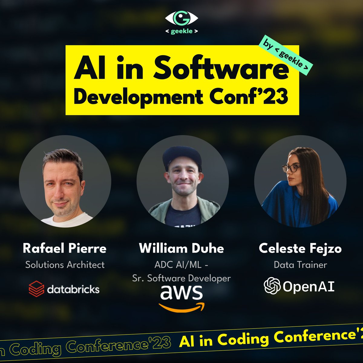 Cool speakers are willing to share their experience: ▪️Rafael Pierre - 'Using Al to generate boilerplate code for common tasks' ▪️William Duhe - 'Using AI to process satellite imagery at scale.' ▪️Celeste Fejzo - 'Will AI replace developers?' Join events.geekle.us/aisoftware/