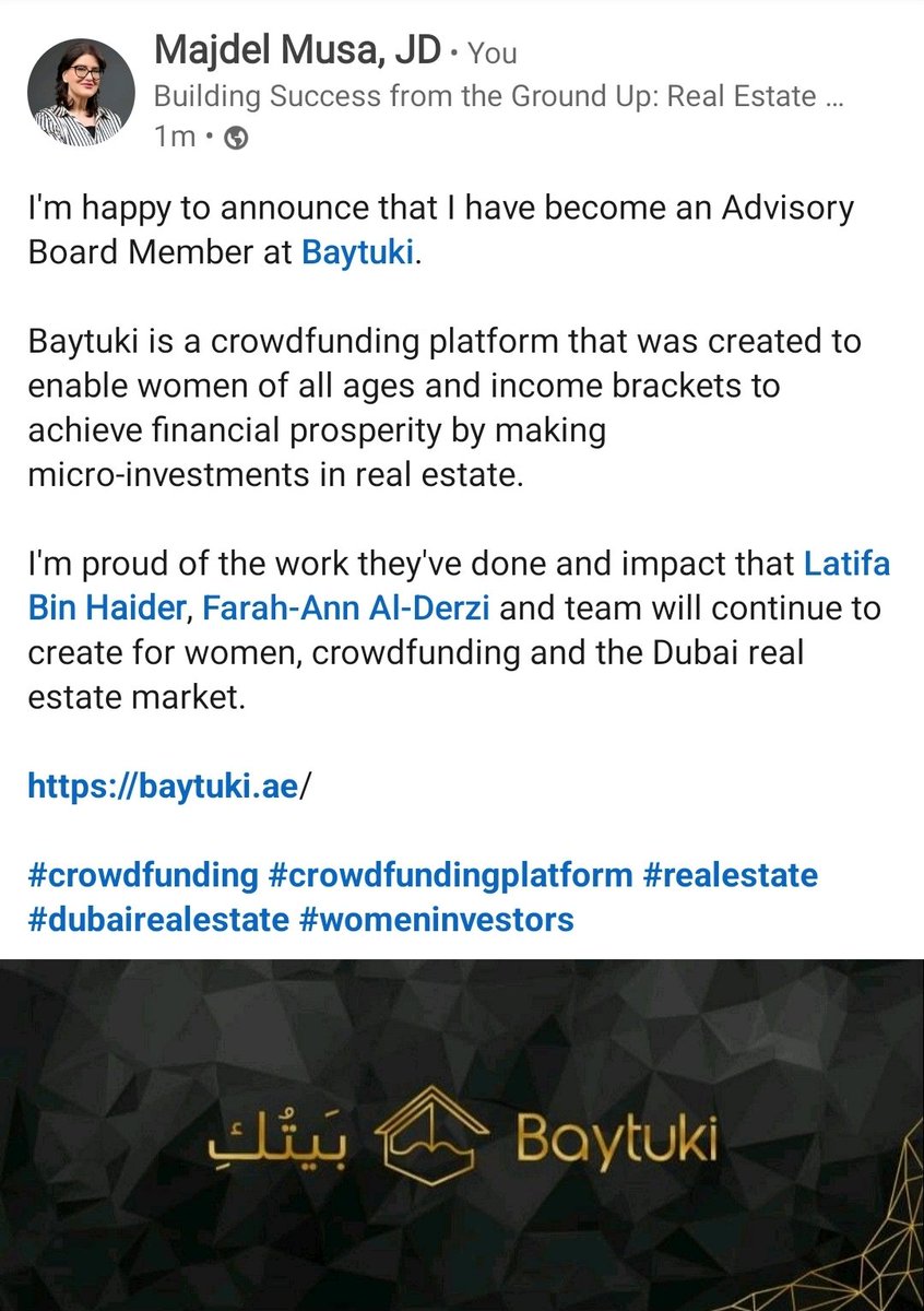 Excited to be part of the Baytuki mission to empower women investors in real estate!

#crowdfunding #dubairealestate #womeninvestors #investment